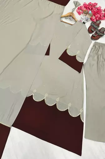Women beige & chocolate  scallop hem embroidered kurta pant set with dupatta
