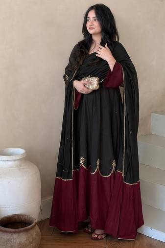 Women black & rust red embroidered kurta pant set with dupatta