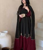 Women black & rust red embroidered kurta pant set with dupatta