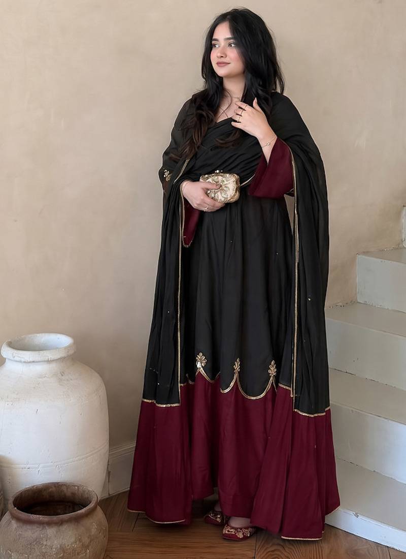 Women black & rust red embroidered kurta pant set with dupatta