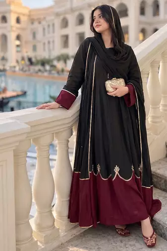 Women black & rust red embroidered kurta pant set with dupatta