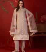 Beige silk blend woven design kurta set with dupatta.