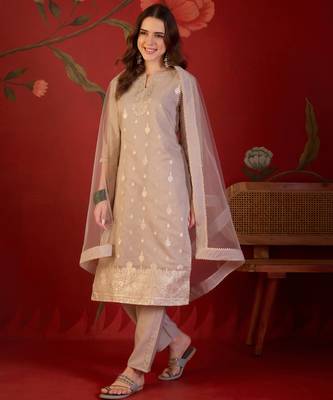 Beige silk blend woven design kurta set with dupatta. 3