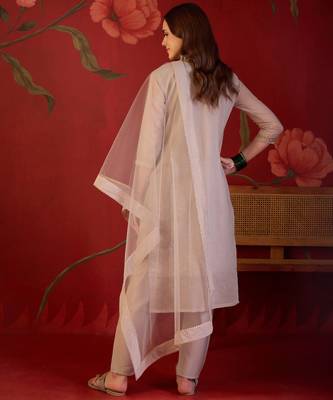 Beige silk blend woven design kurta set with dupatta. 4