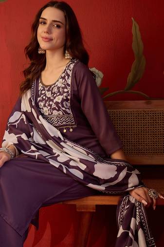 Wine silk blend embellished kurta set with Dupatta.