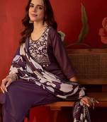 Wine silk blend embellished kurta set with Dupatta.