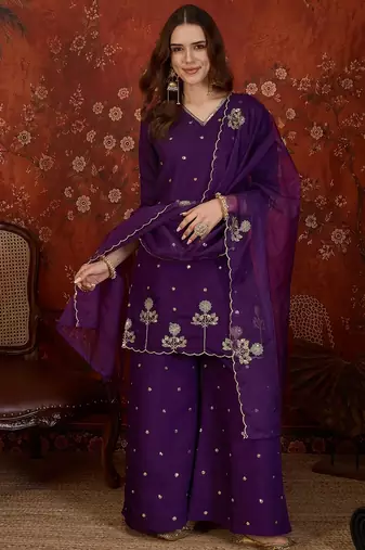 Purple cotton blend embroidered kurta plazzo set with Dupatta.