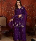 Purple cotton blend embroidered kurta plazzo set with Dupatta.