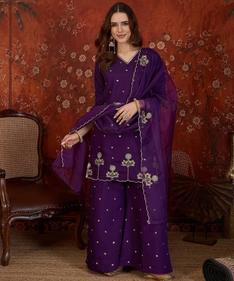 Purple cotton blend embroidered kurta plazzo set with Dupatta.