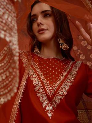 Rust silk blend embroidered kurta set with dupatta. 2