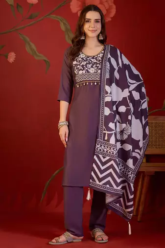 Wine silk blend embellished kurta set with Dupatta.