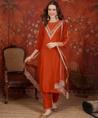 Rust silk blend embroidered kurta set with dupatta. 1