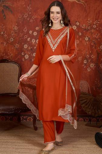 Rust silk blend embroidered kurta set with dupatta.