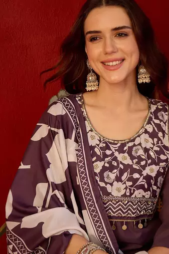 Wine silk blend embellished kurta set with Dupatta.