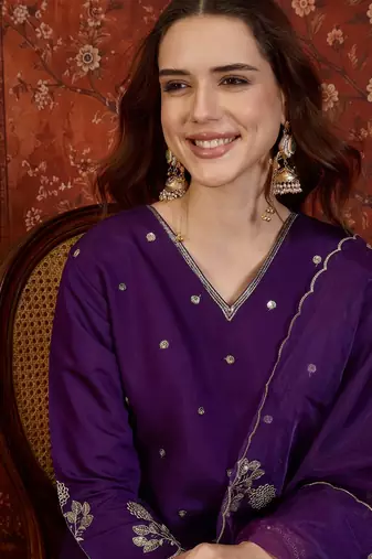 Purple cotton blend embroidered kurta plazzo set with Dupatta.