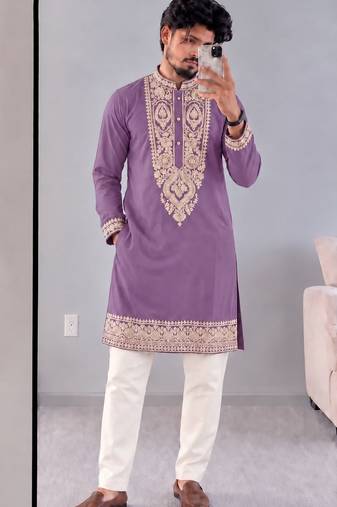 Men   s premium lavender armaani lachko kurta with heavy embroidery & sequins work with cotton pyjama