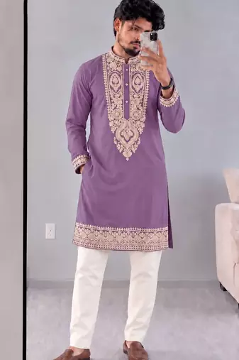 Men   s premium lavender armaani lachko kurta with heavy embroidery & sequins work with cotton pyjama