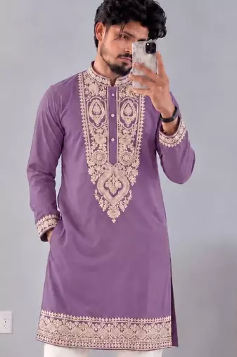 Men   s premium lavender armaani lachko kurta with heavy embroidery & sequins work with cotton pyjama