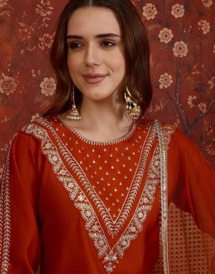 Rust silk blend embroidered kurta set with dupatta. 3