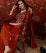 Rust tissue satin embroidered kurta sharara set.