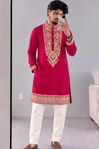 Men   s premium rani armaani lachko kurta with heavy embroidery & sequins work with cotton pyjama