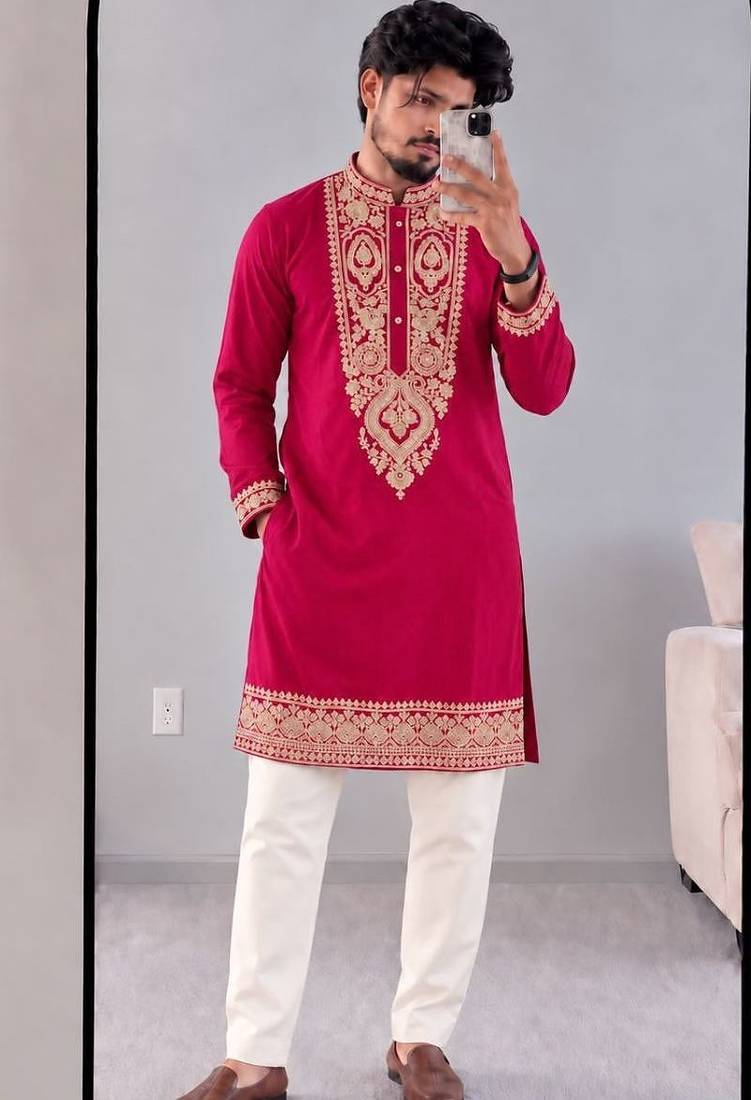 Men’s premium rani armaani lachko kurta with heavy embroidery & sequins work with cotton pyjama