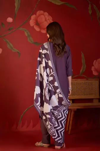 Wine silk blend embellished kurta set with Dupatta.