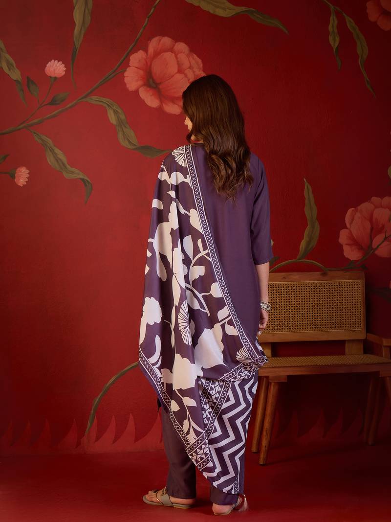 Wine silk blend embellished kurta set with Dupatta.