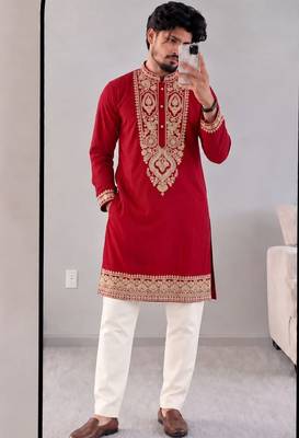 Men’s premium red armaani lachko kurta with heavy embroidery & sequins work with cotton pyjama 1