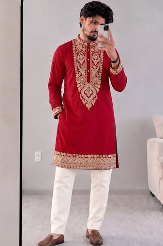 Men   s premium red armaani lachko kurta with heavy embroidery & sequins work with cotton pyjama