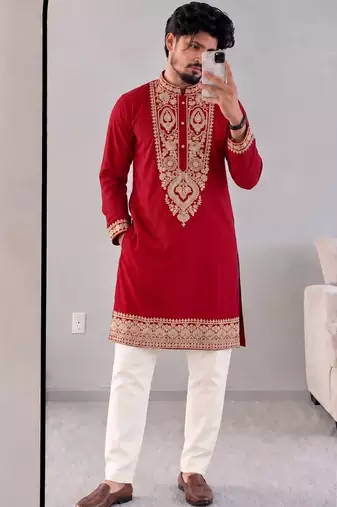 Men’s premium red armaani lachko kurta with heavy embroidery & sequins work with cotton pyjama