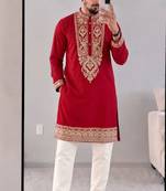 Men’s premium red armaani lachko kurta with heavy embroidery & sequins work with cotton pyjama