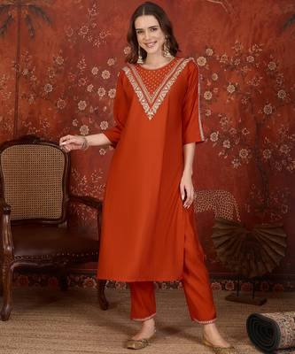 Rust silk blend embroidered kurta set with dupatta. 4