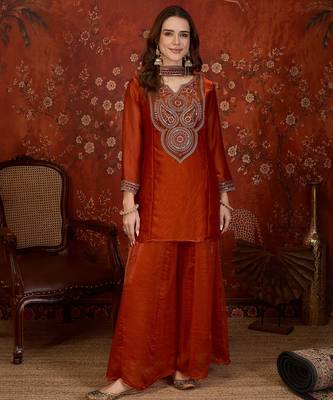 Rust tissue satin embroidered kurta sharara set. 2