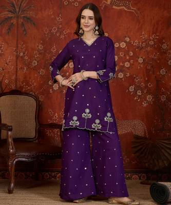 Purple cotton blend embroidered kurta plazzo set with Dupatta. 4