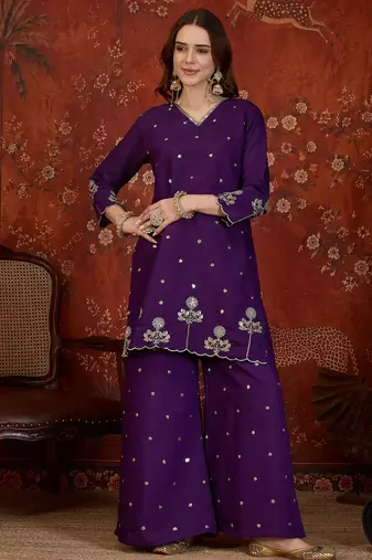 Purple cotton blend embroidered kurta plazzo set with Dupatta.