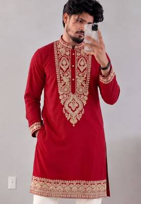 Men’s premium red armaani lachko kurta with heavy embroidery & sequins work with cotton pyjama 2