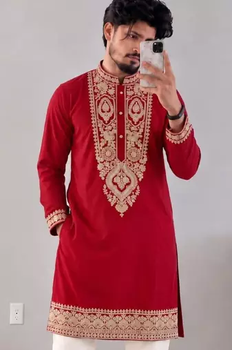 Men’s premium red armaani lachko kurta with heavy embroidery & sequins work with cotton pyjama