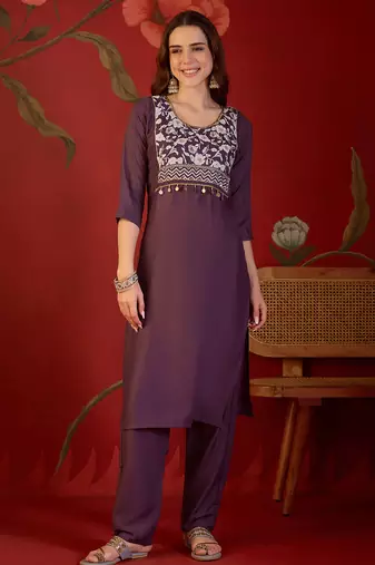 Wine silk blend embellished kurta set with Dupatta.