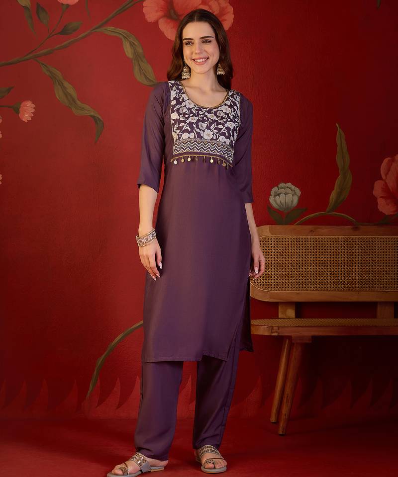 Wine silk blend embellished kurta set with Dupatta.