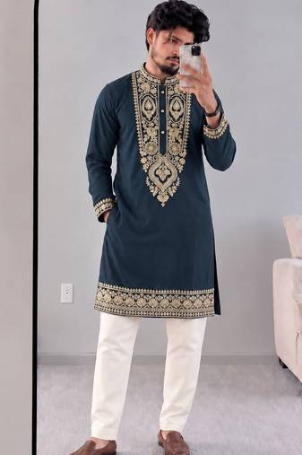 Men   s premium slate grey armaani lachko kurta with heavy embroidery & sequins work with cotton pyjama