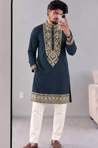 Men   s premium slate grey armaani lachko kurta with heavy embroidery & sequins work with cotton pyjama