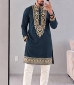 Men’s premium slate grey armaani lachko kurta with heavy embroidery & sequins work with cotton pyjama