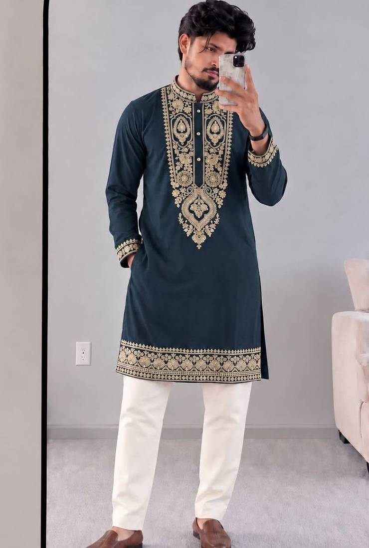 Men’s premium slate grey armaani lachko kurta with heavy embroidery & sequins work with cotton pyjama