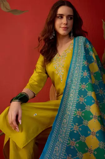 Neon cotton blend embroidered kurta set with Dupatta.