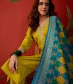 Neon cotton blend embroidered kurta set with Dupatta.