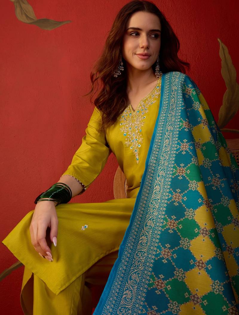 Neon cotton blend embroidered kurta set with Dupatta.