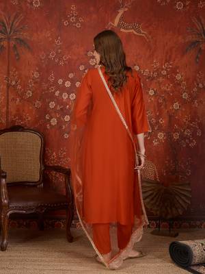 Rust silk blend embroidered kurta set with dupatta. 5