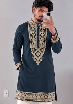 Men’s premium slate grey armaani lachko kurta with heavy embroidery & sequins work with cotton pyjama 2