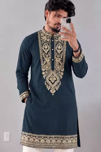 Men   s premium slate grey armaani lachko kurta with heavy embroidery & sequins work with cotton pyjama